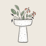 Graphic featuring a line drawing of a ceramic vase with flowers.