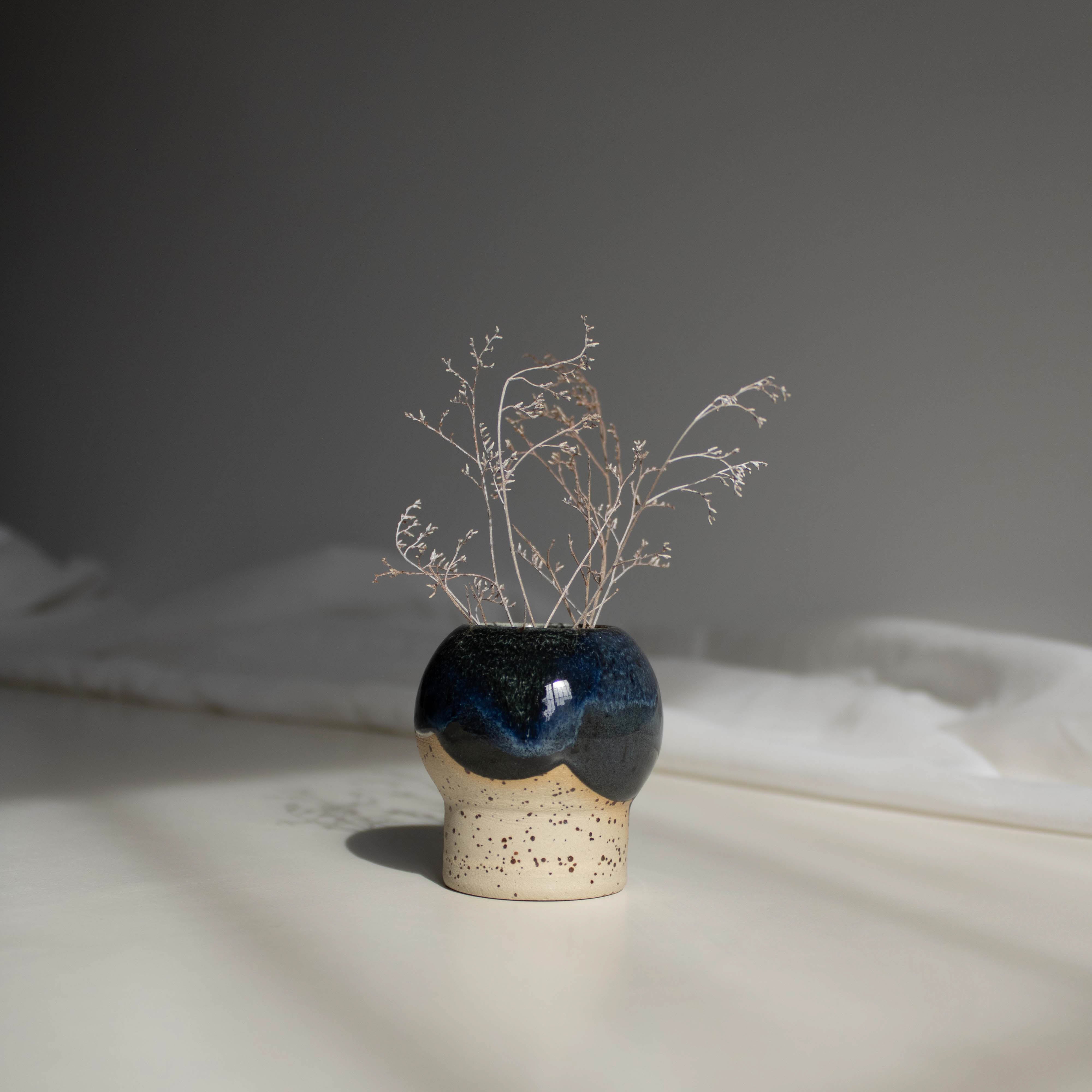 Handcrafted ceramic vase in dark blue finish, containing dried branches, captured in natural daylight.