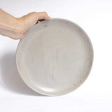 A handmade ceramic plate in beige with a satin matte finish, held against a white background.