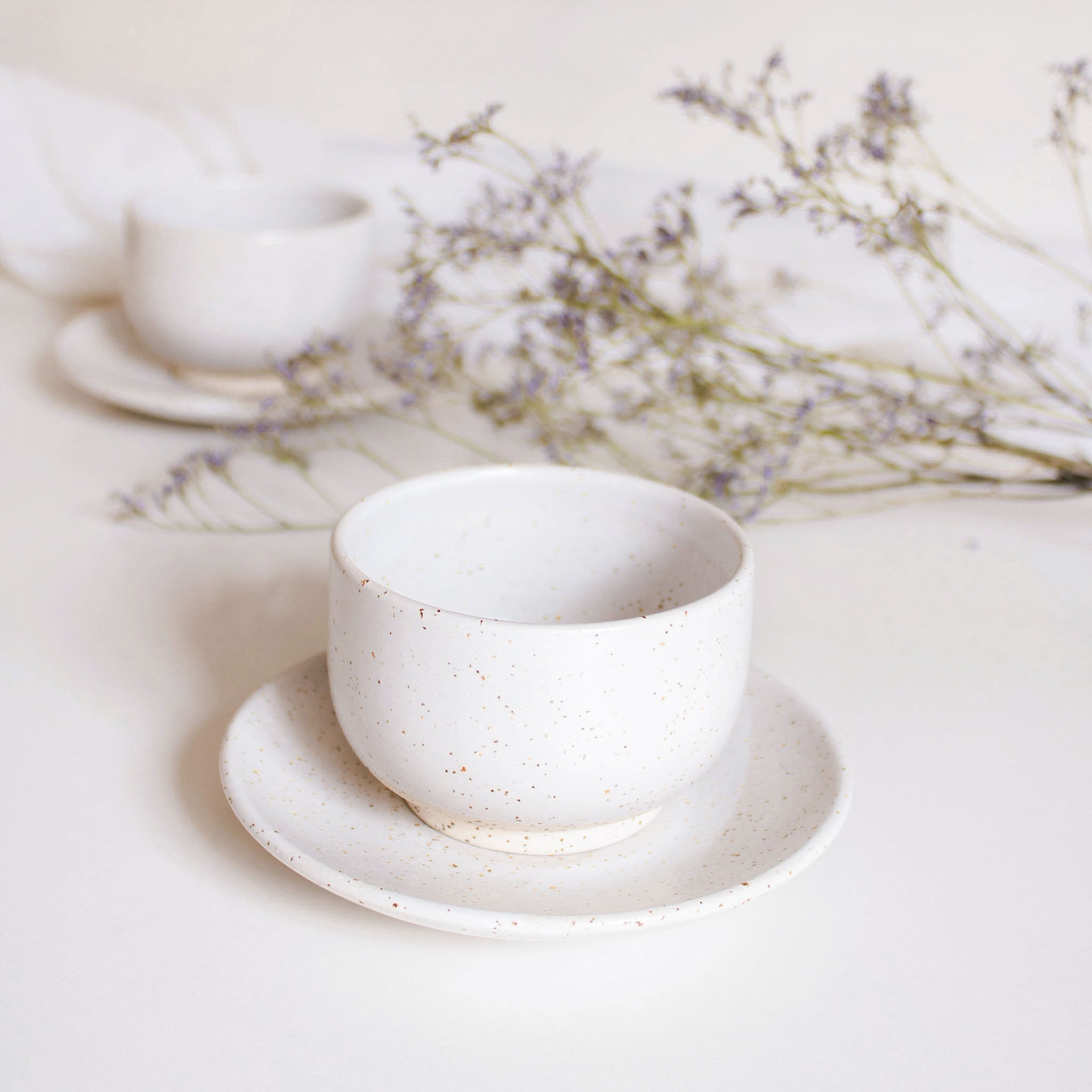 Handmade speckled white ceramic cappuccino cup with a saucer plate set against a white background, with a blurred floral branch in the background.