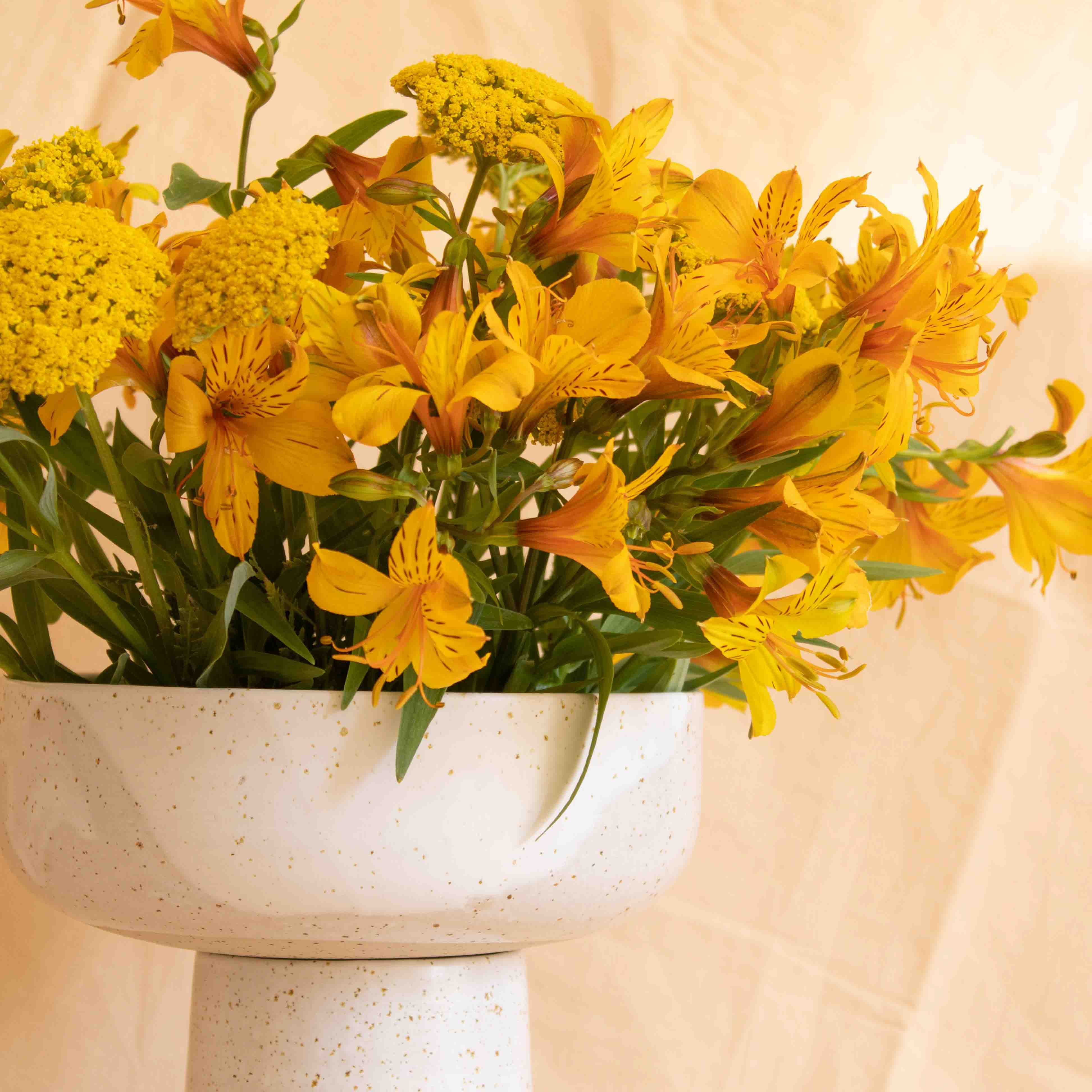 A handcrafted ceramic vase in speckled white finish, holding a bouquet of yellow flowers, set on an orange background.