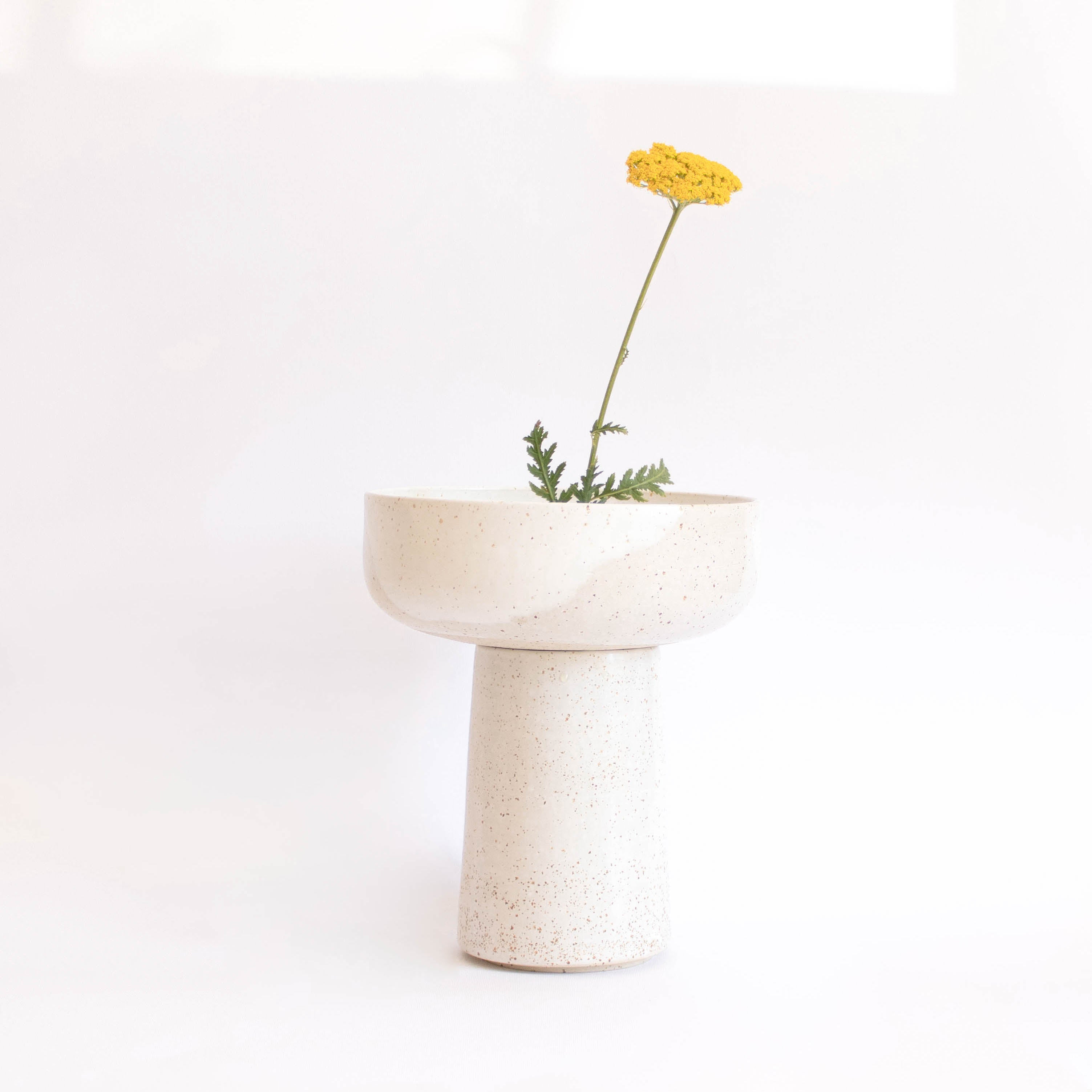 A handcrafted ceramic vase in speckled white finish, holding a yellow flower, set on a white background.